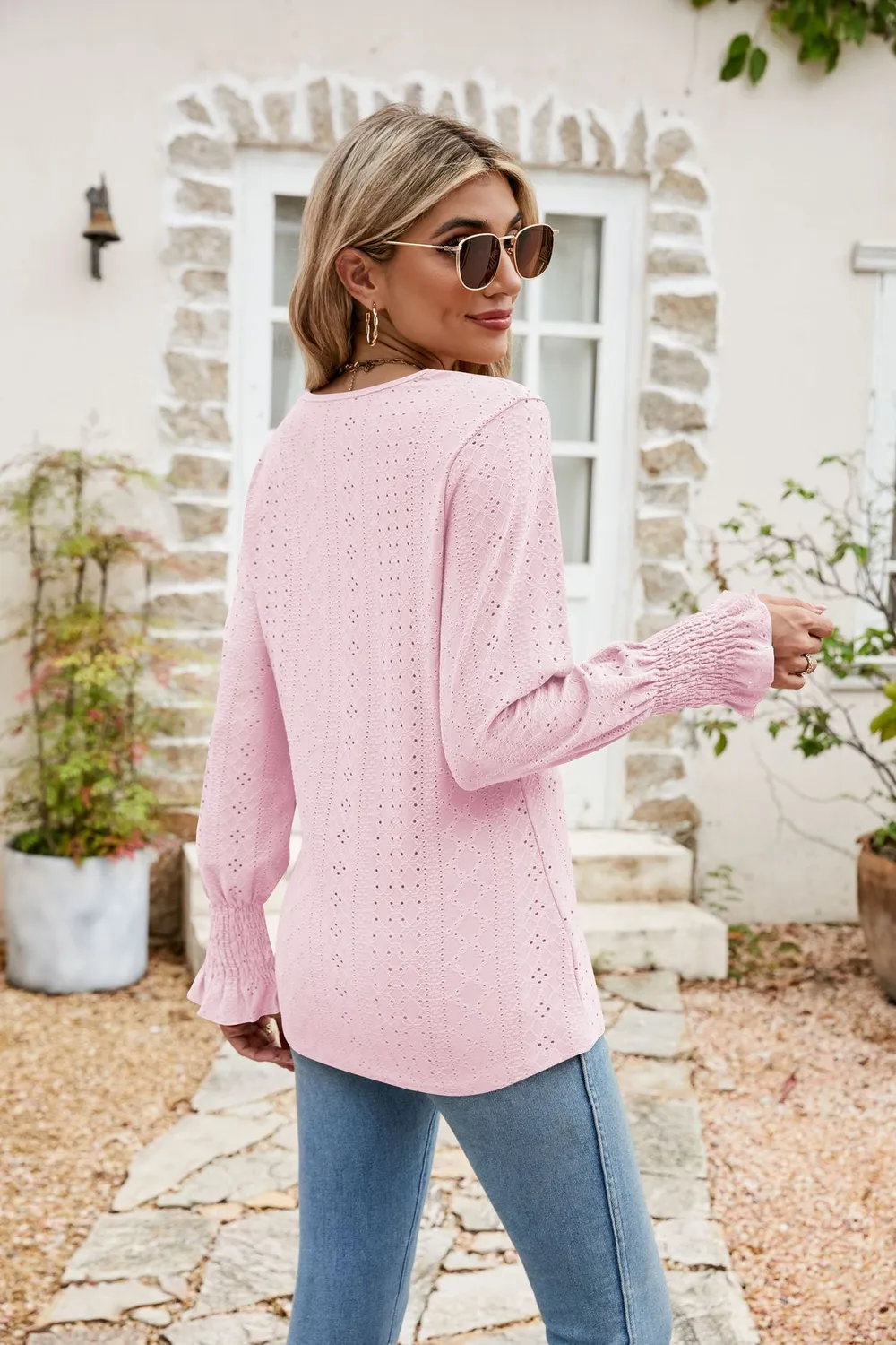 Eyelet V-Neck Smocked Flounce Sleeve Blouse, image 3