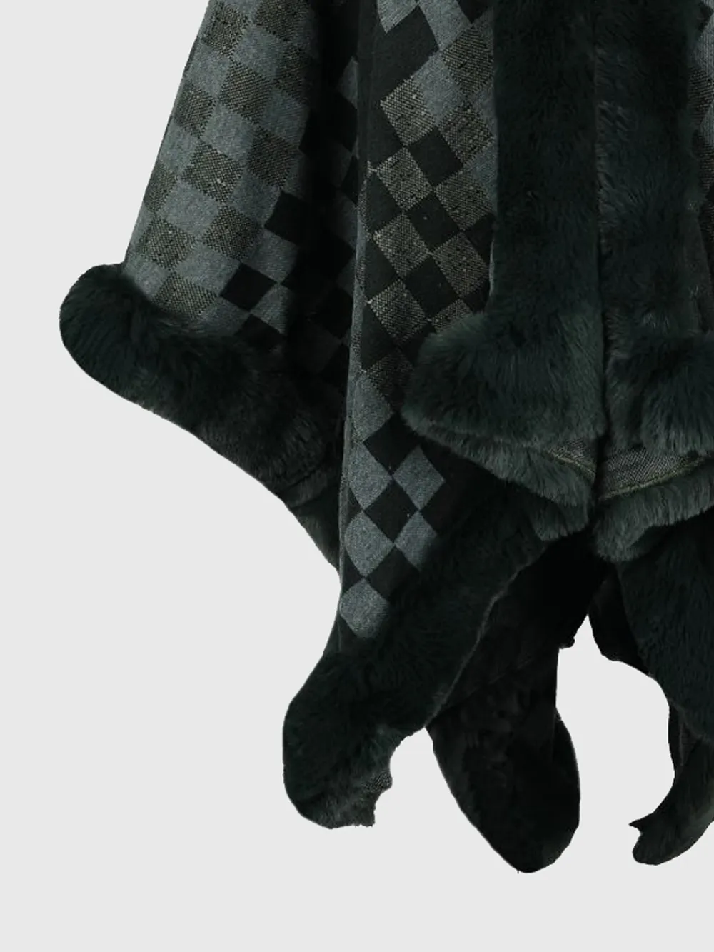 Checkered Faux Fur Trim Poncho, image 12