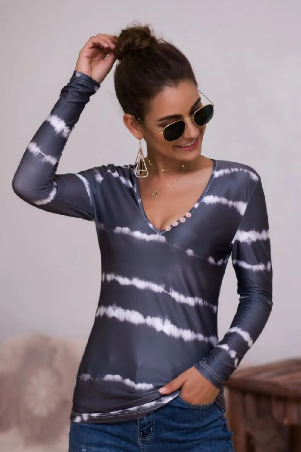 Tie-Dye Plunge Long Sleeve Top, image 15
