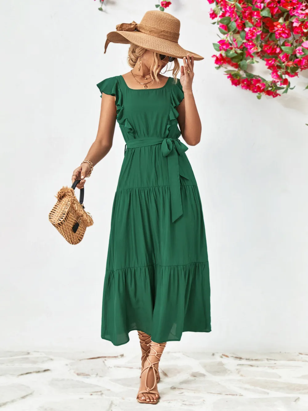 Tie Belt Ruffled Tiered Dress, image 12