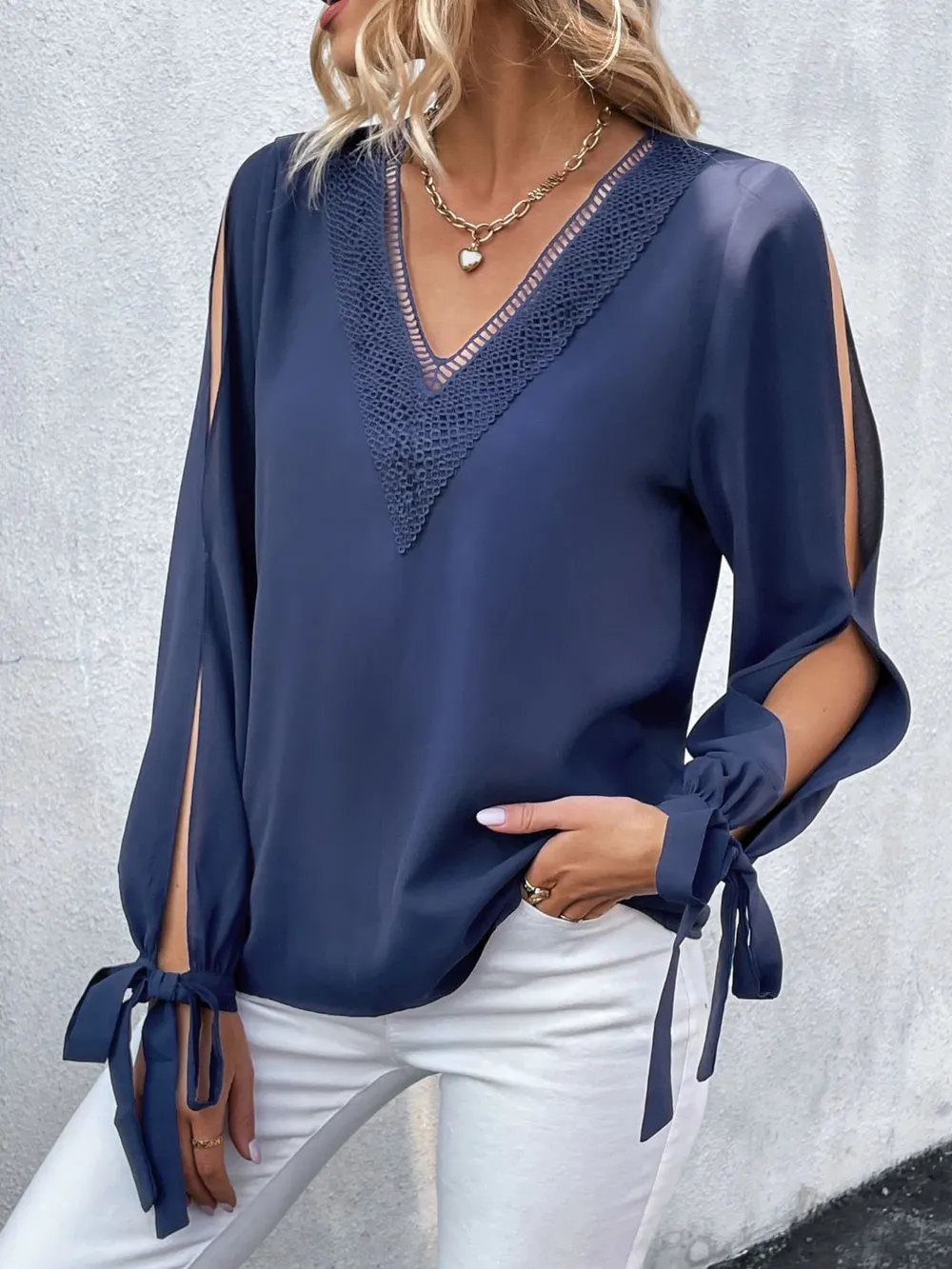 V-Neck Tie Cuff Slit Blouse, image 7