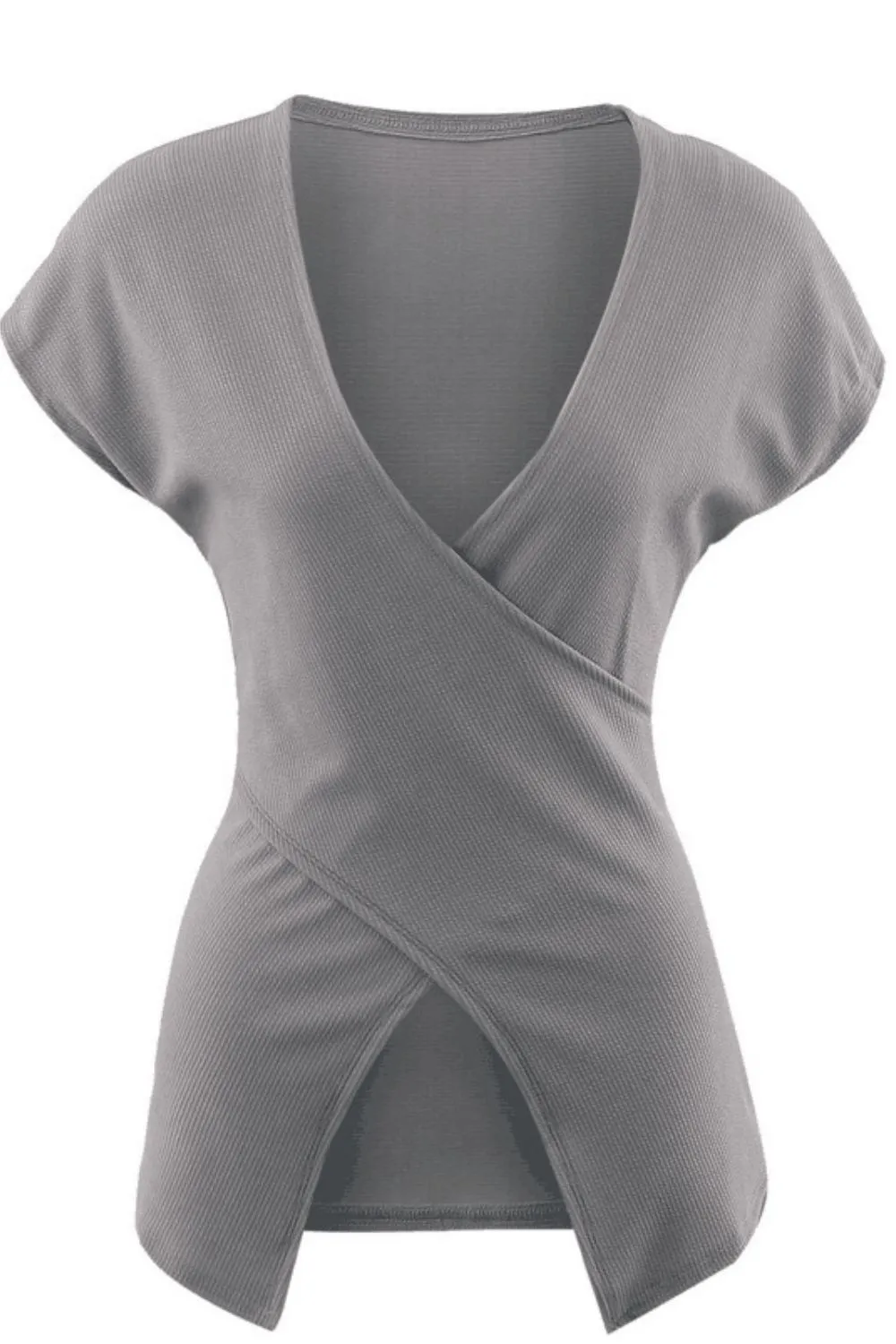 Ribbed Surplice Neck Slit Top, image 3