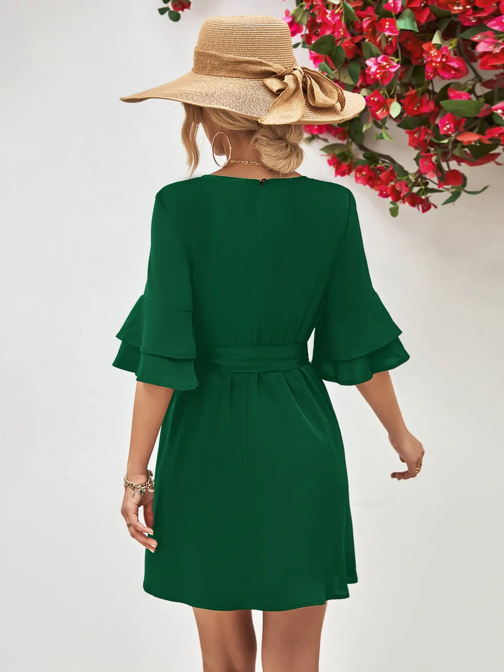 Round Neck Tie Belt Flounce Sleeve Dress, image 11