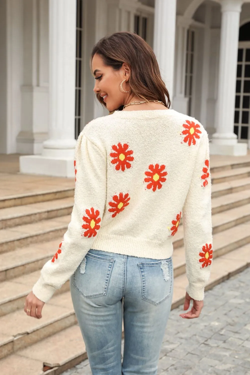 Flower Pattern Round Neck Short Sleeve Pullover Sweater, image 22