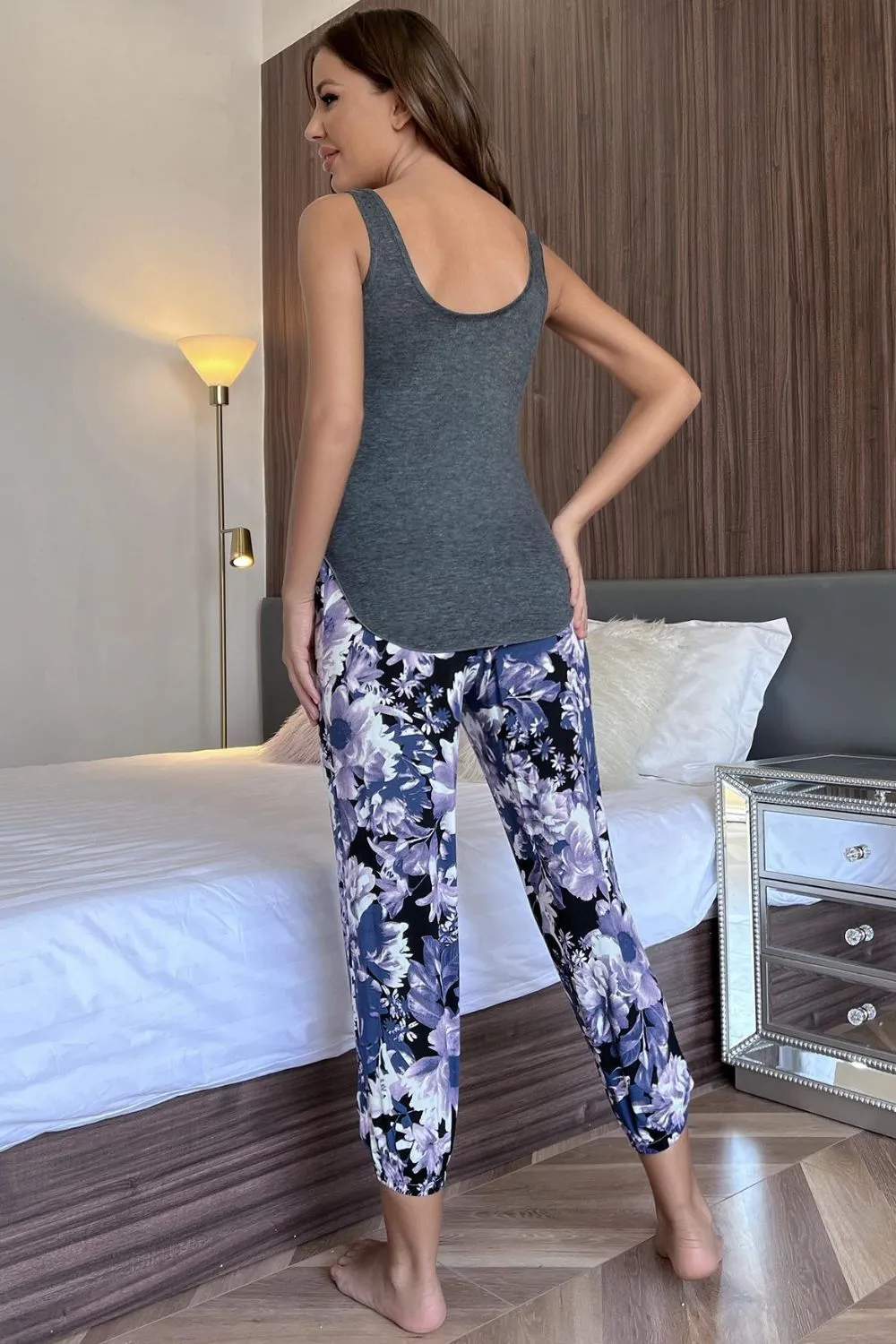 Scoop Neck Tank and Floral Cropped Pants Lounge Set, image 2