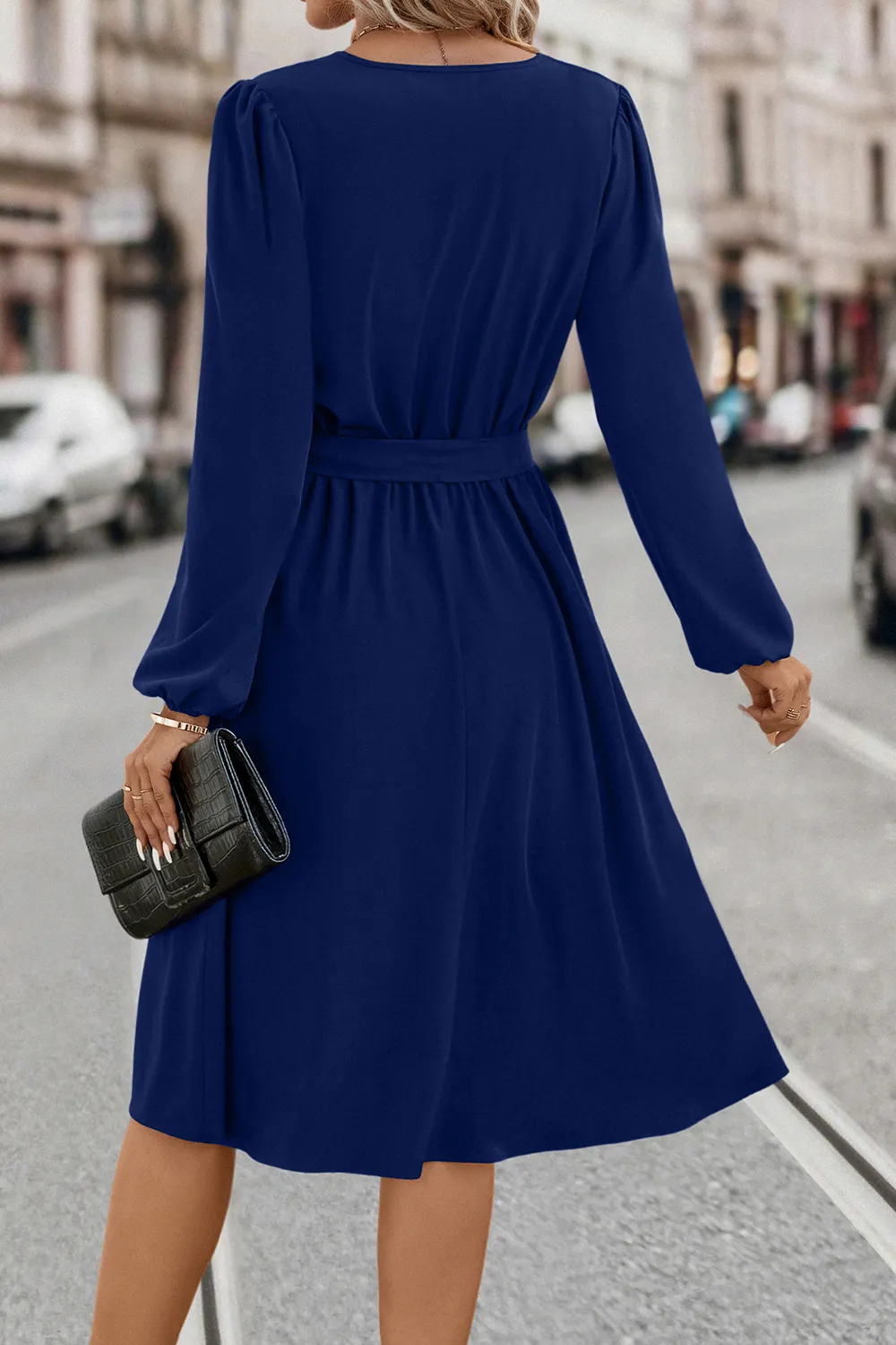 Tie Waist Notched Neck Long Sleeve Dress, image 12