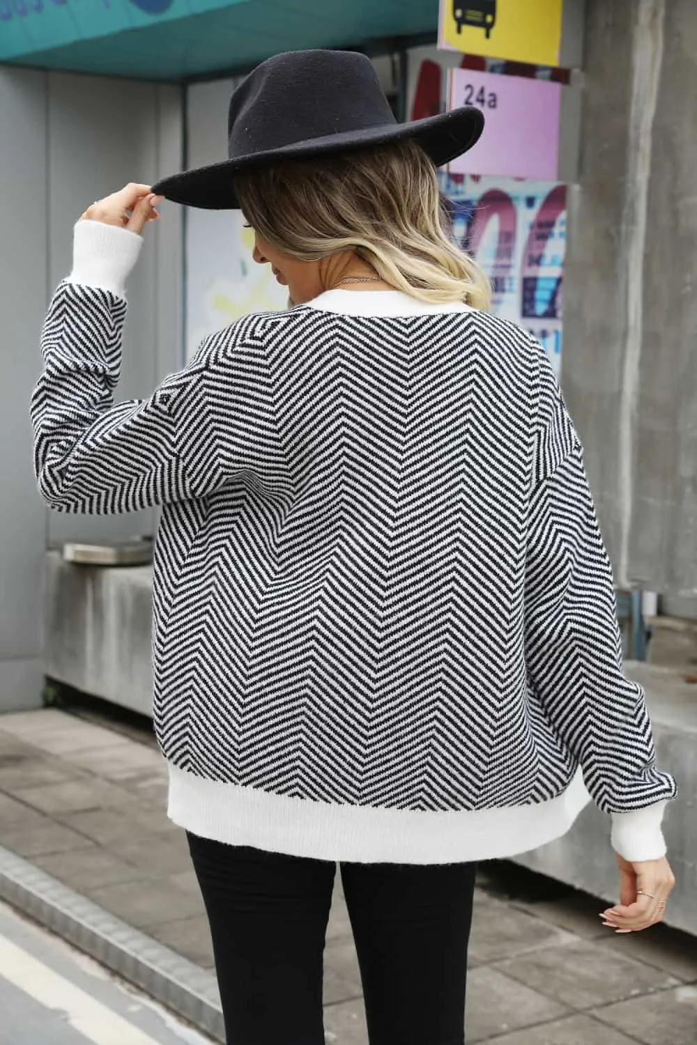 Striped V-Neck Dropped Shoulder Button-Up Cardigan, image 2