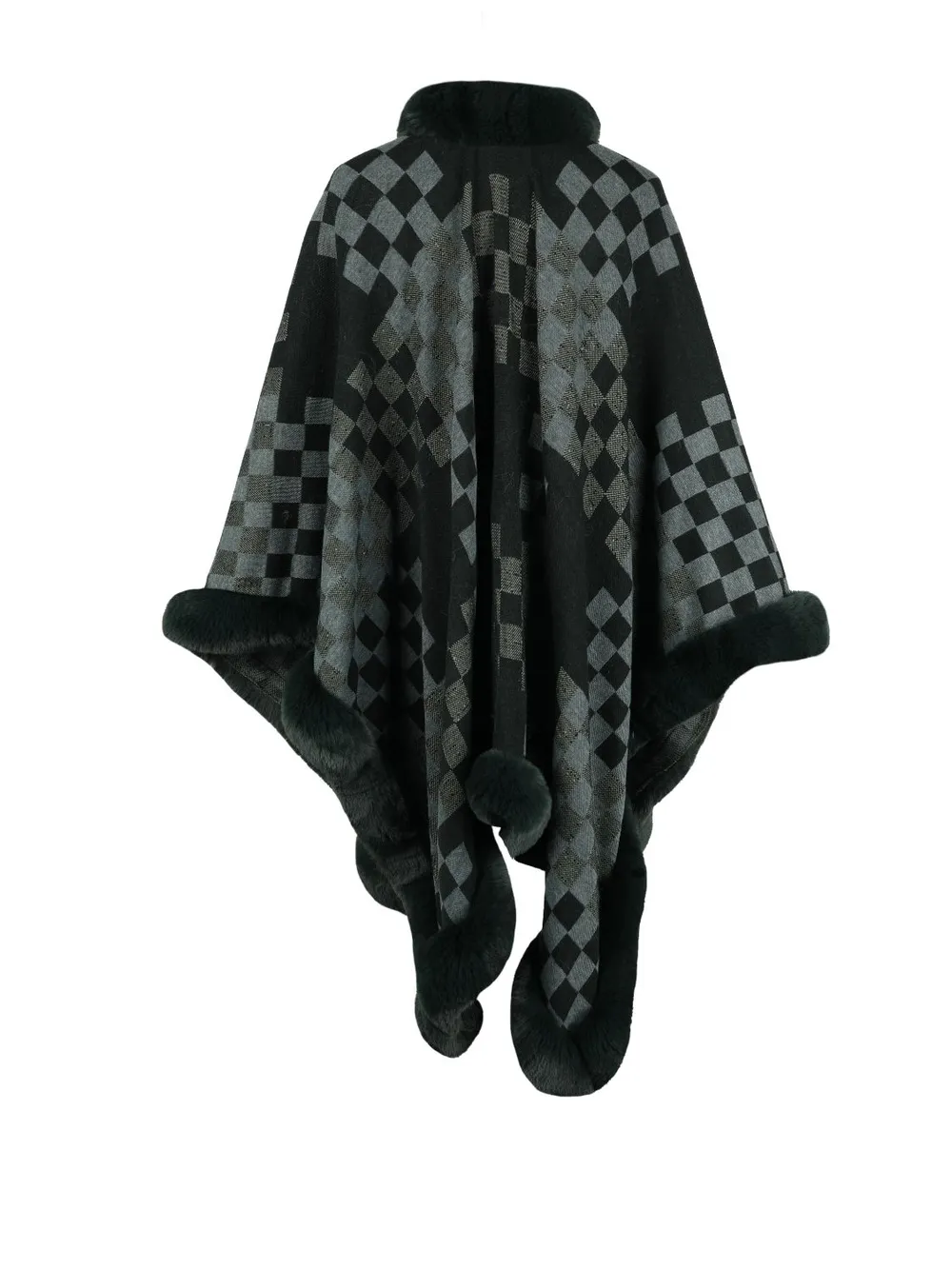 Checkered Faux Fur Trim Poncho, image 13
