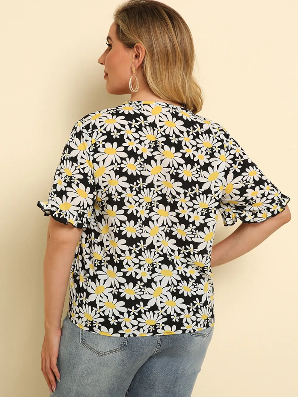 Plus Size Floral Round Neck Tie Hem Blouse, image 5