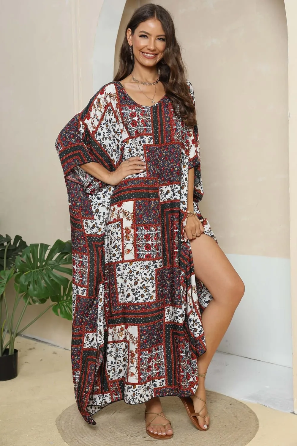 Printed V-Neck Split Maxi Dress, image 3