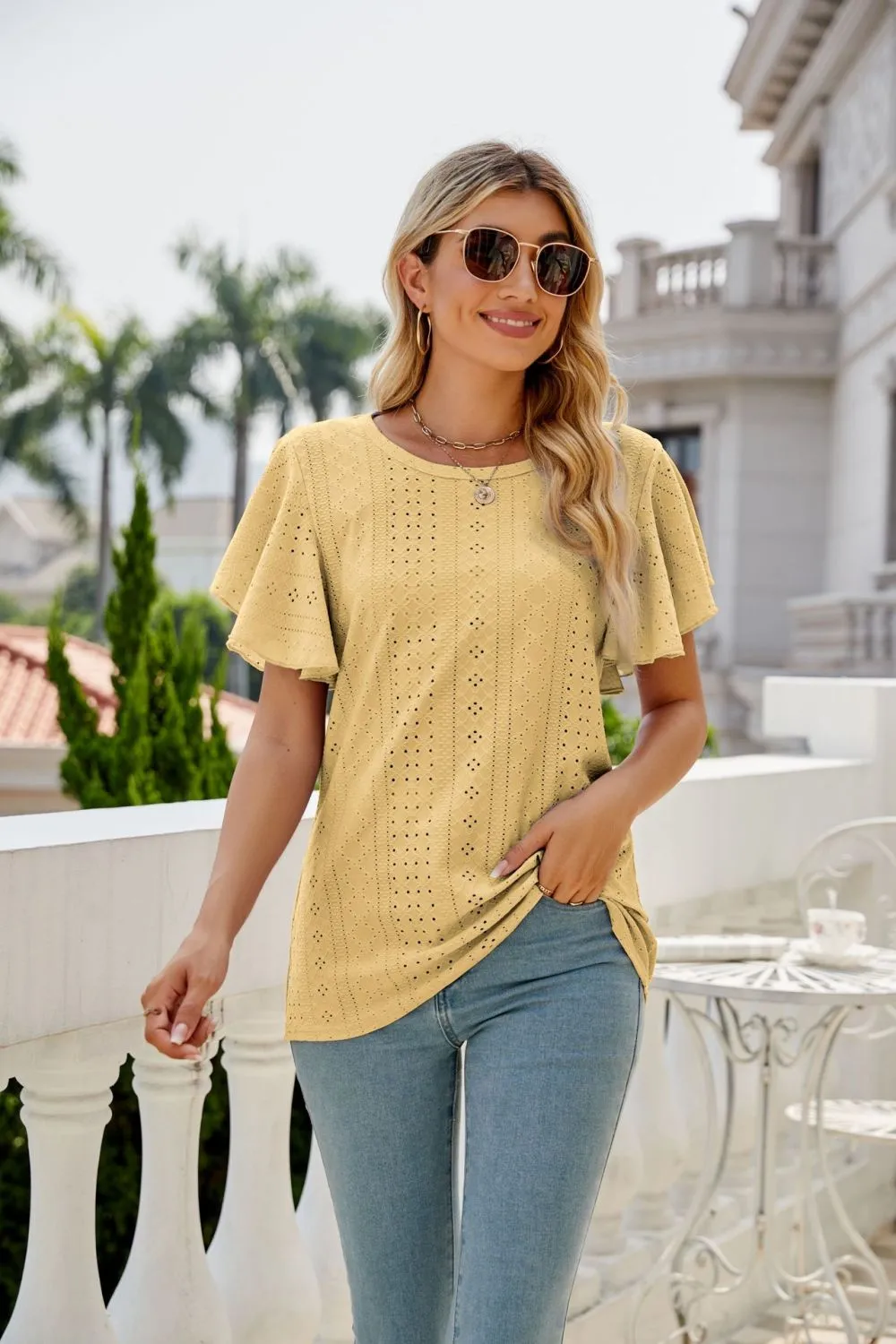 Eyelet Flutter Sleeve Round Neck Top, image 20