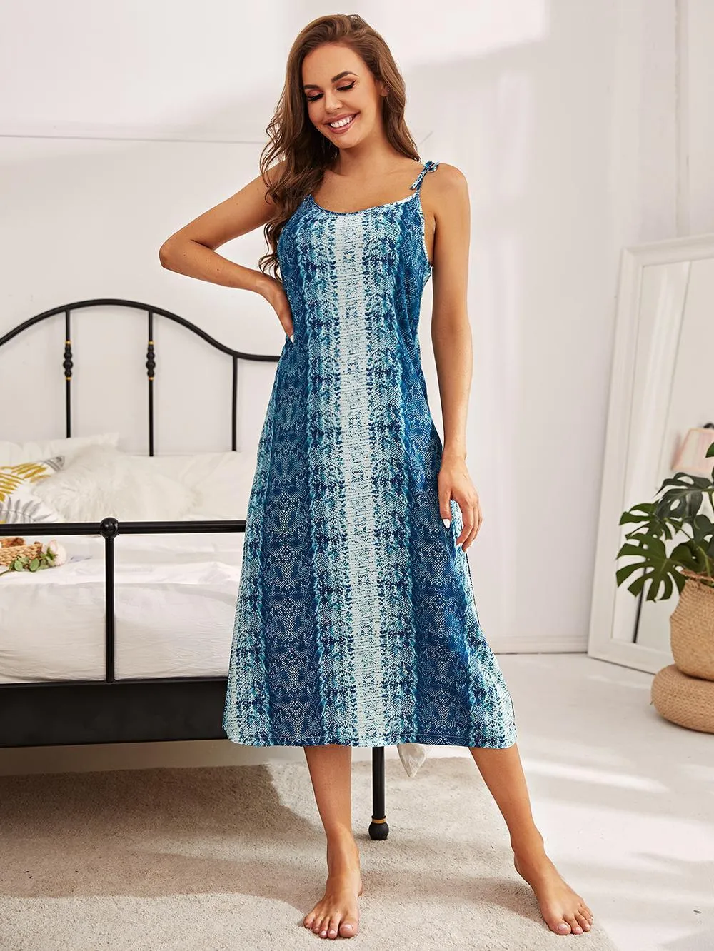 Printed Tie Shoulder Midi Night Dress, image 4