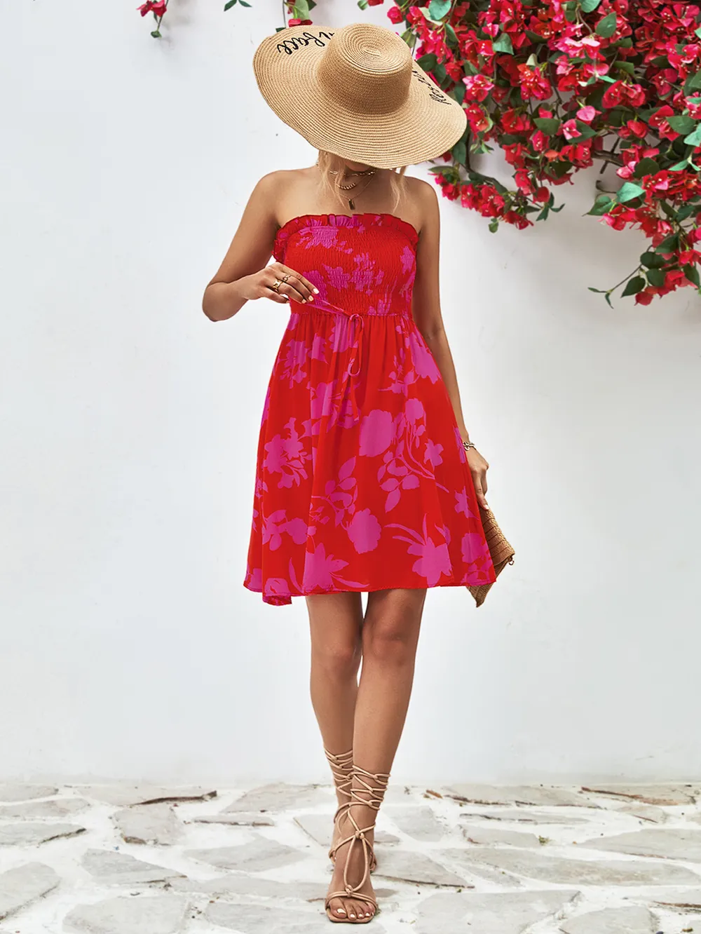 Floral Frill Trim Strapless Smocked Dress, image 12