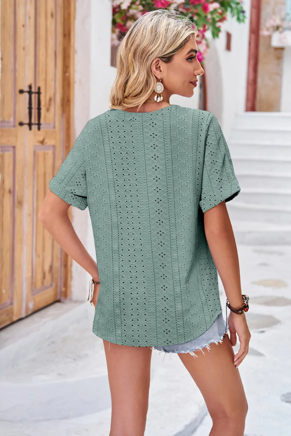 Buttoned Notched Neck Eyelet Top, image 15