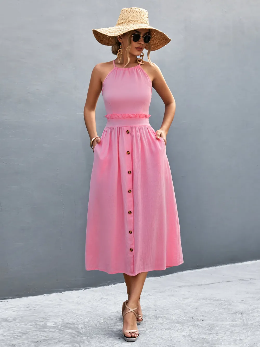Buttoned Halter Neck Frill Trim Midi Dress, image 12