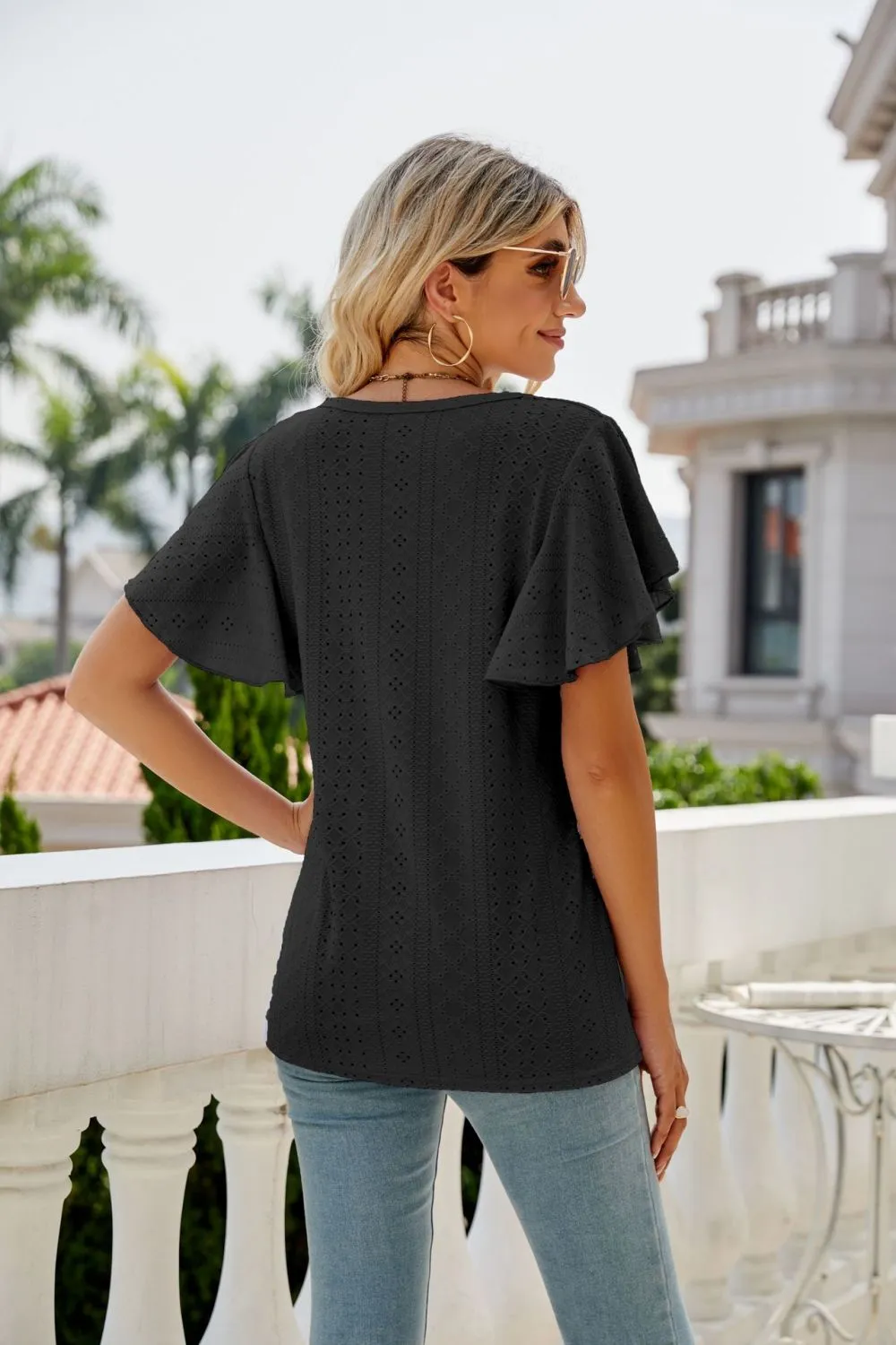 Eyelet Flutter Sleeve Round Neck Top, image 17