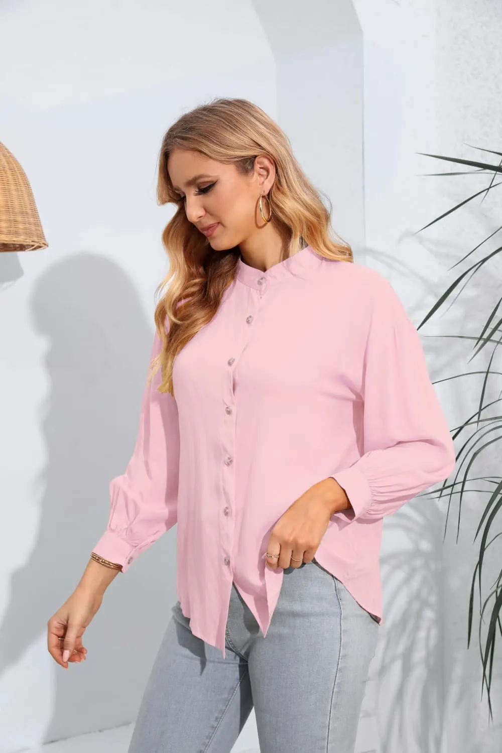 Mock Neck Buttoned Long Sleeve Shirt, image 12