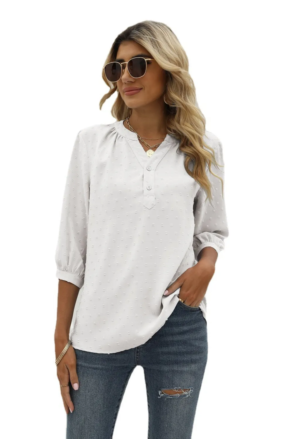 Swiss Dot Notched Neck Three-Quarter Sleeve Blouse, image 31
