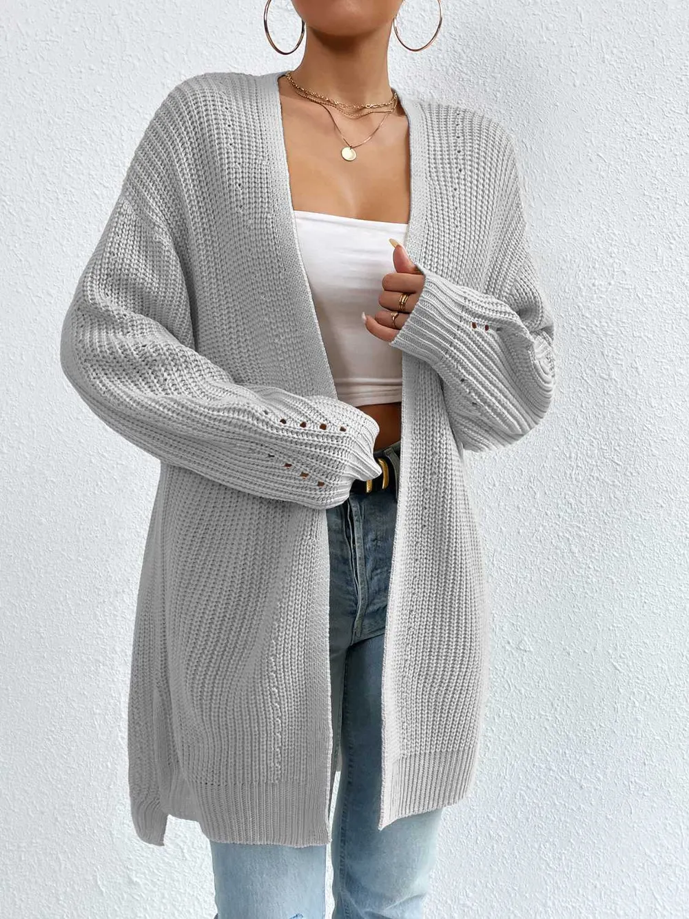 Open Front Dropped Shoulder Slit Cardigan, image 19