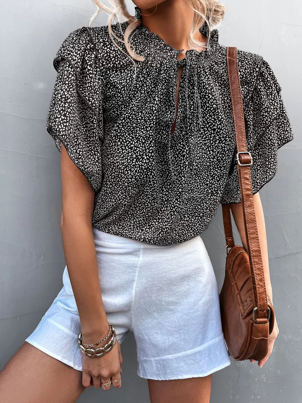 Printed Flutter Sleeve V-Neck Top, image 8