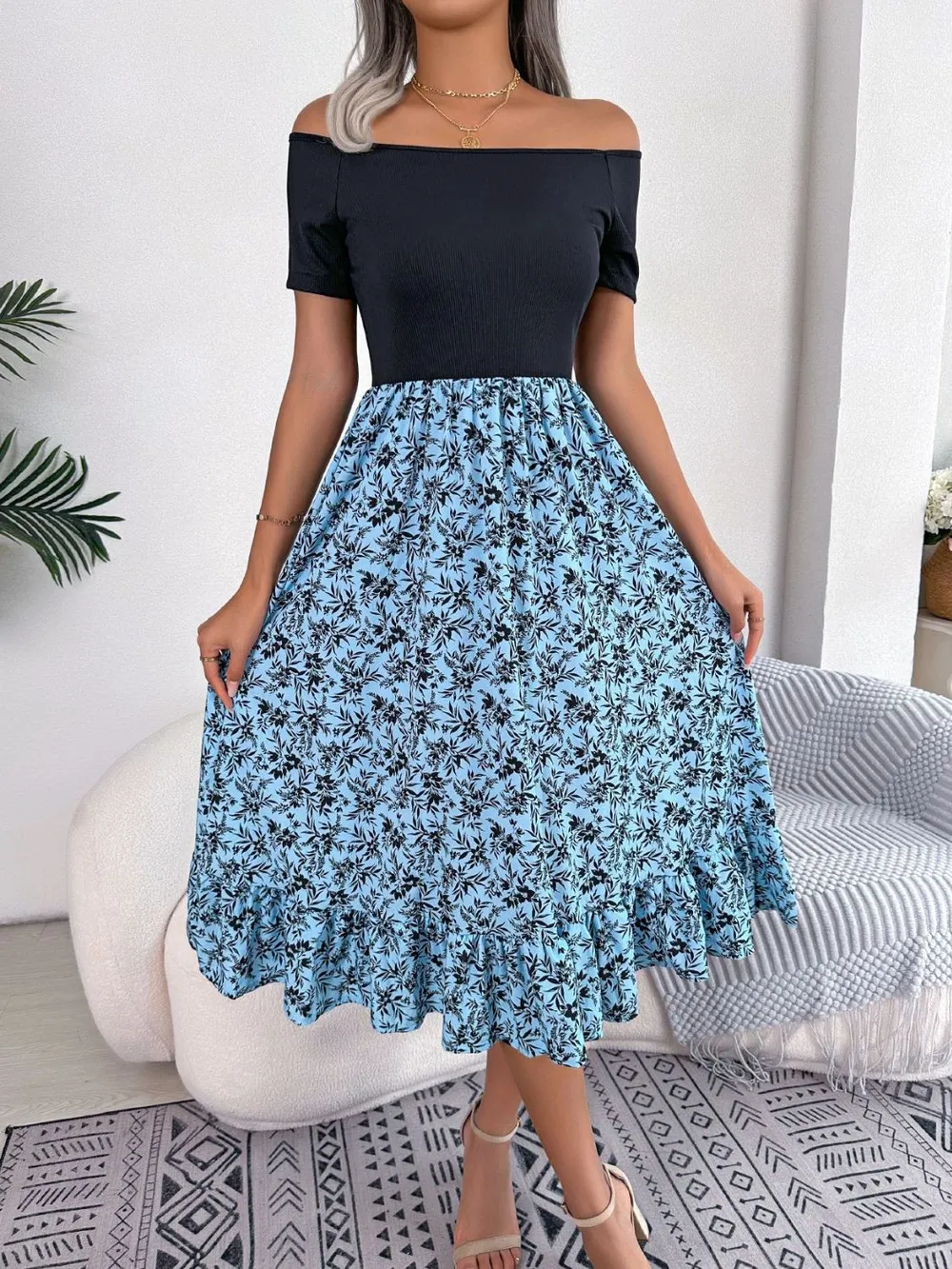 Printed Off-Shoulder Ruffle Hem Dress, image 2