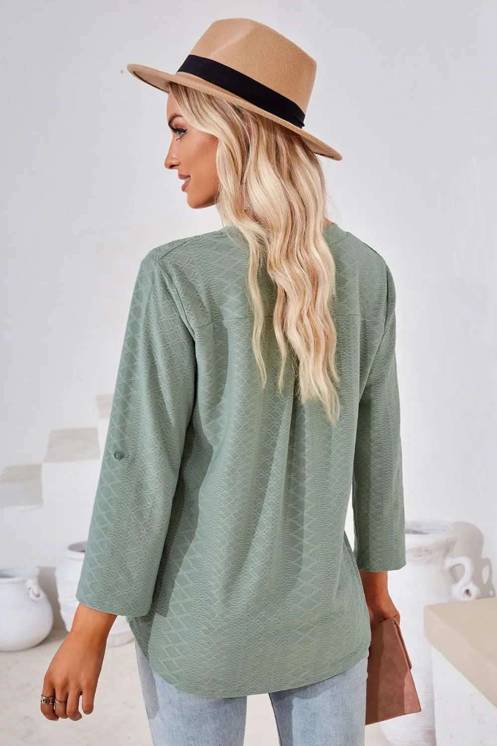 V-Neck Roll-Tap Sleeve Blouse, image 15