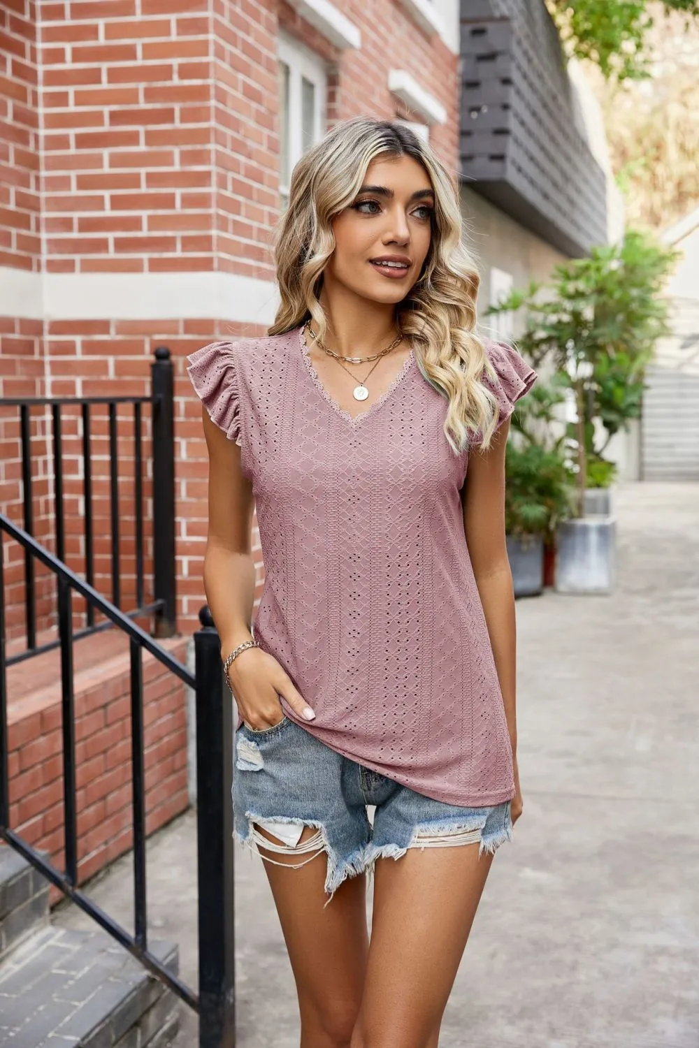 Eyelet Flutter Sleeve Scalloped V-Neck Top, image 24
