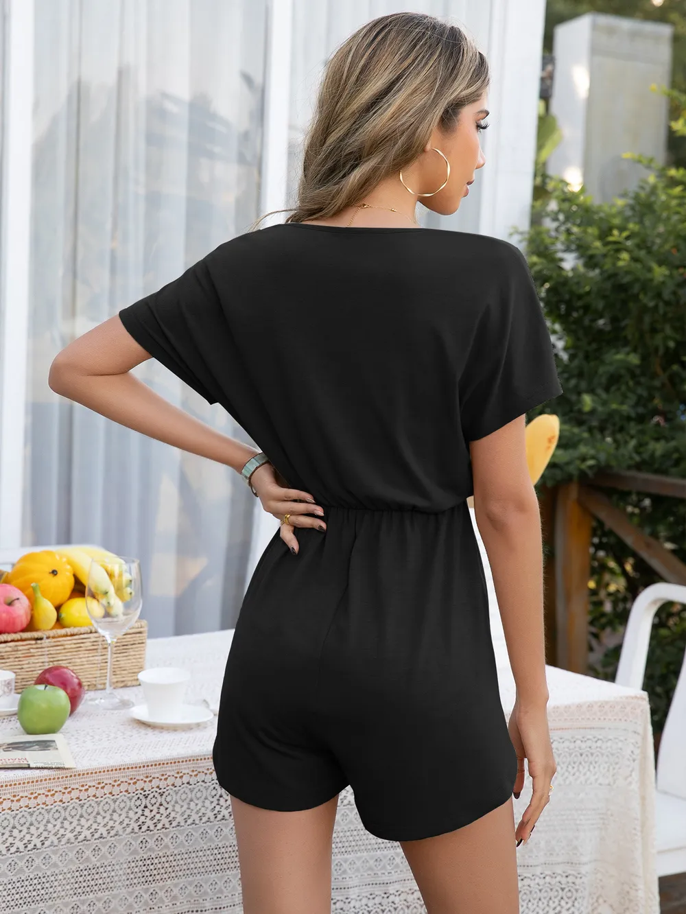 Decorative Button Round Neck Short Sleeve Romper, image 2