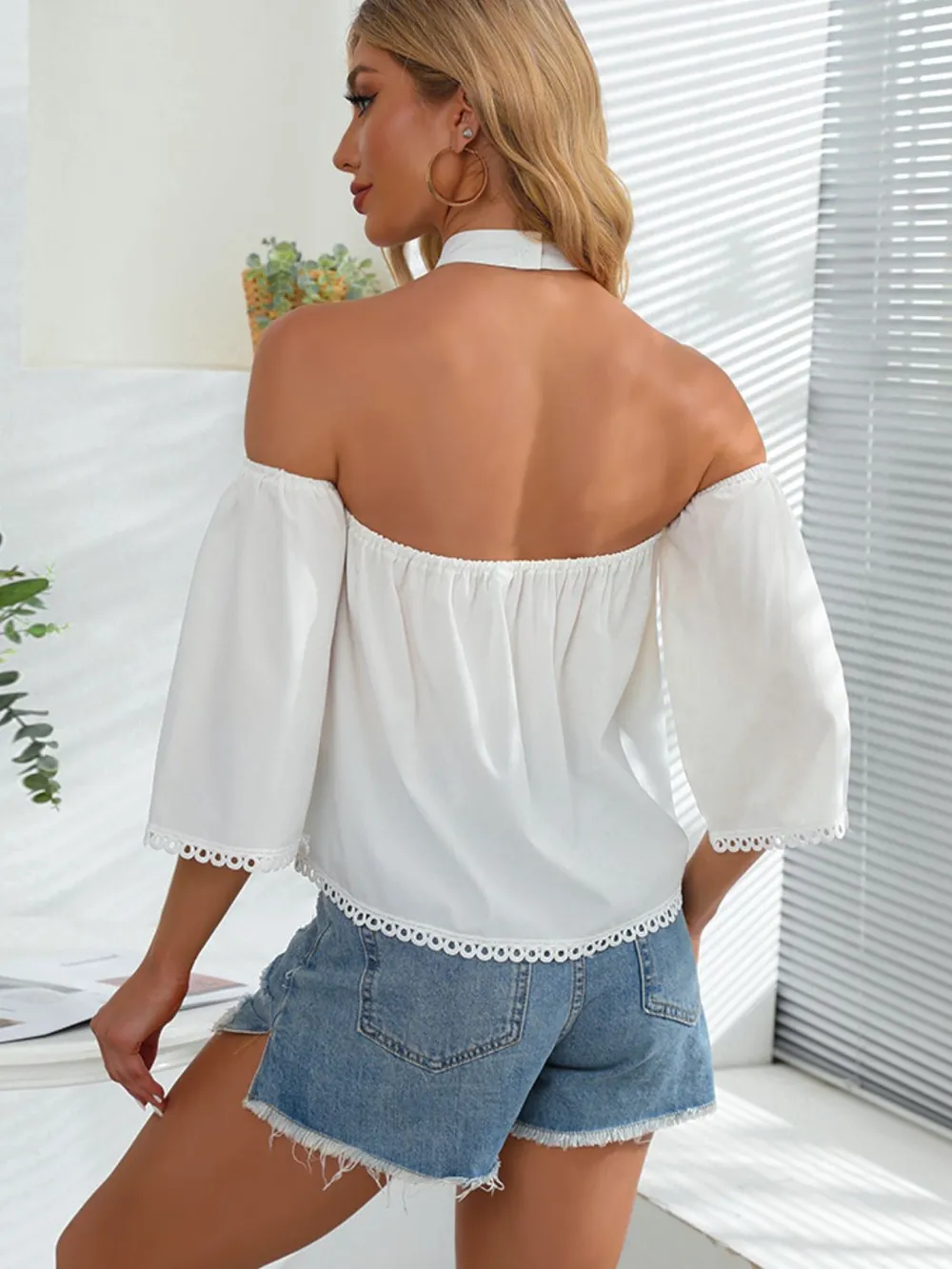 Crochet Halter Neck Cold-Shoulder Blouse, image 3