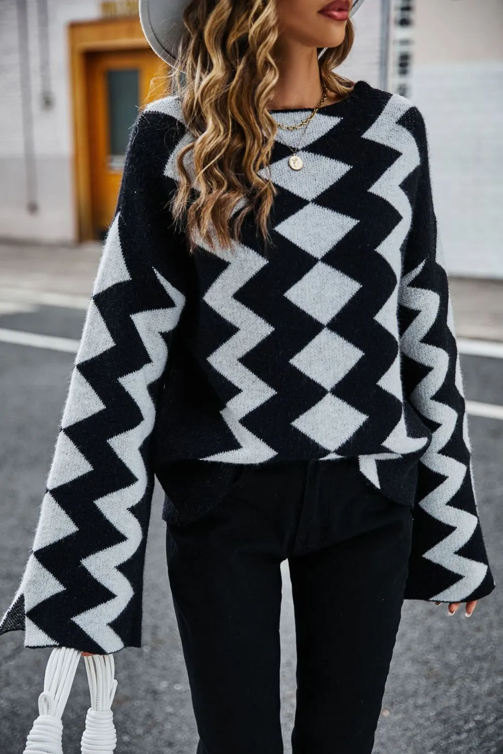 Geometric Slit Flare Sleeve Round Neck Sweater, image 5