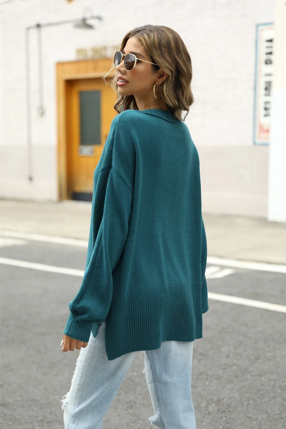 Round Neck Dropped Shoulder Slit Sweater, image 2