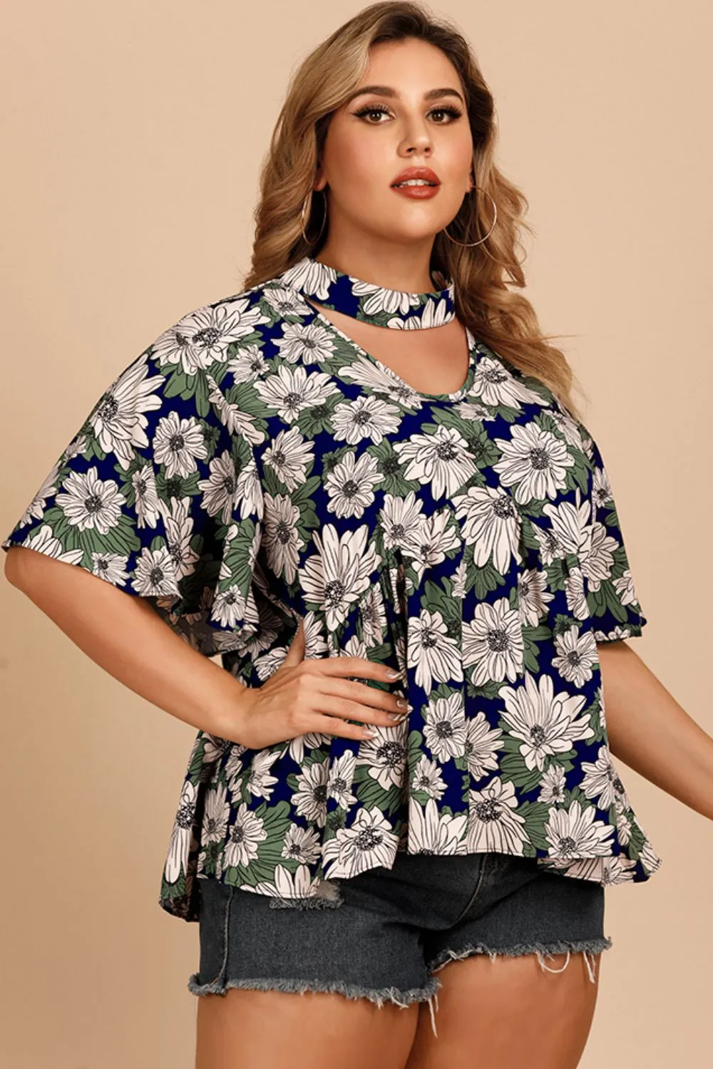Plus Size Floral Flutter Sleeve Cutout Blouse, image 4