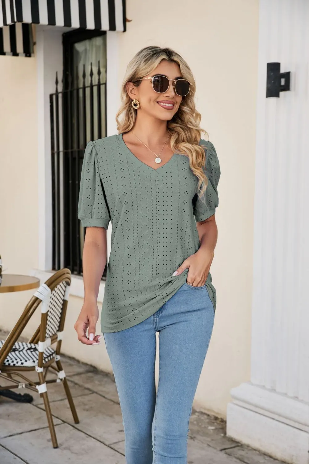 Eyelet Puff Sleeve V-Neck Top, image 23