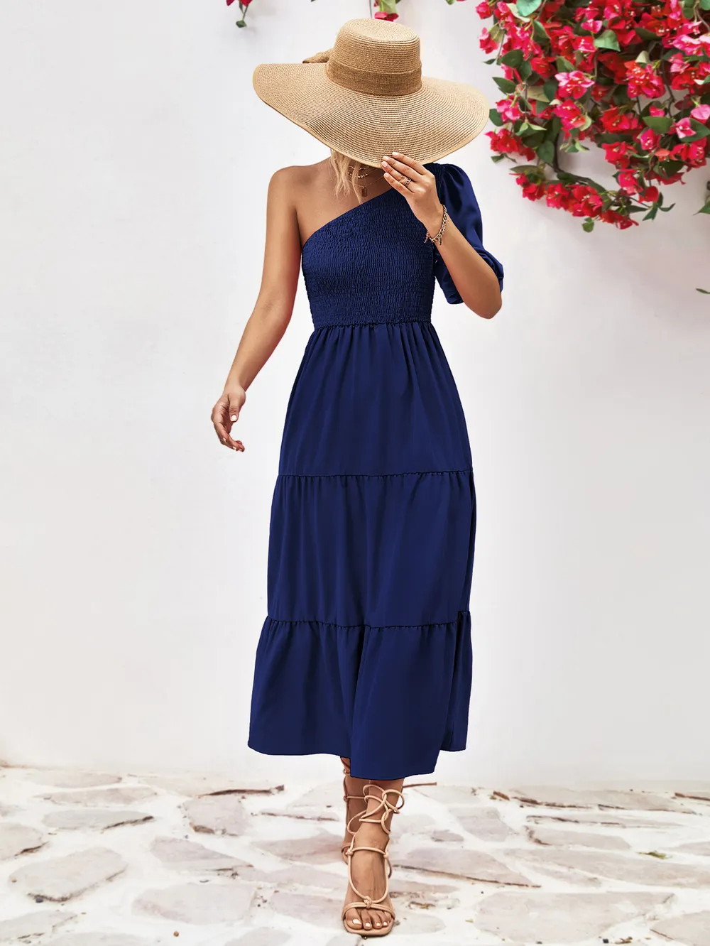 Smocked One-Shoulder Midi Dress, image 17