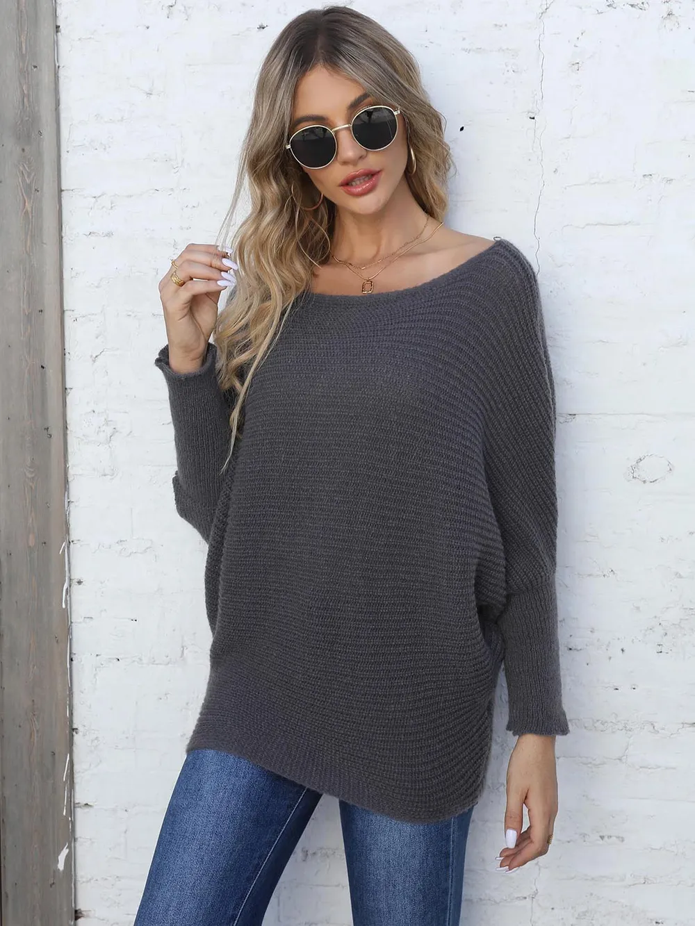 Full Size Horizontal Ribbing Dolman Sleeve Sweater, image 2