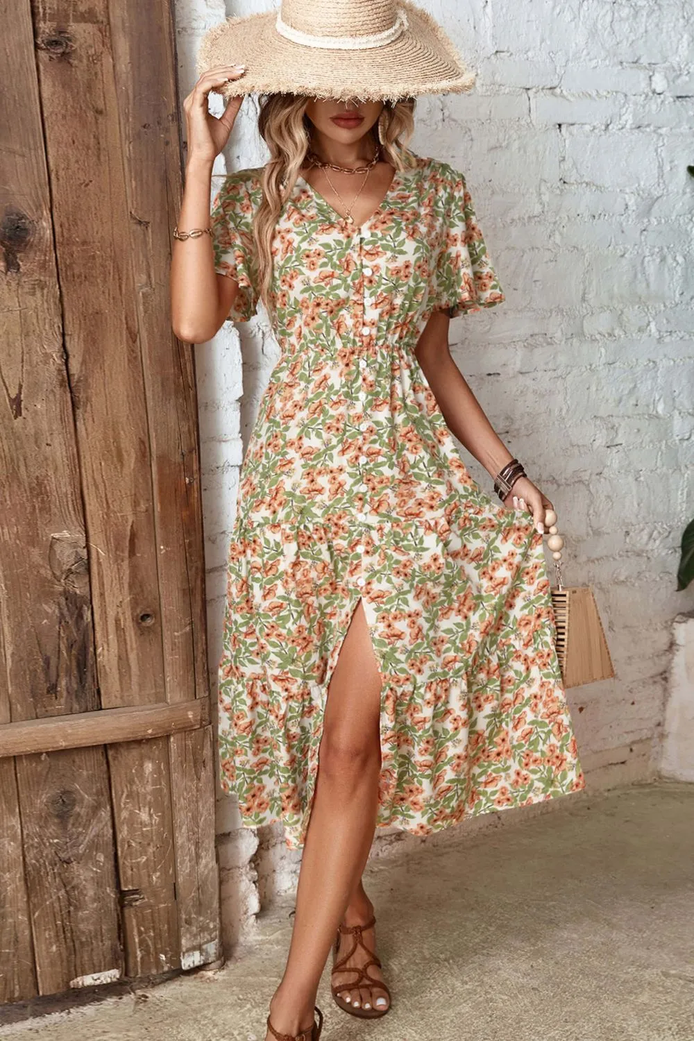 Floral V-Neck Front Slit Dress, image 6