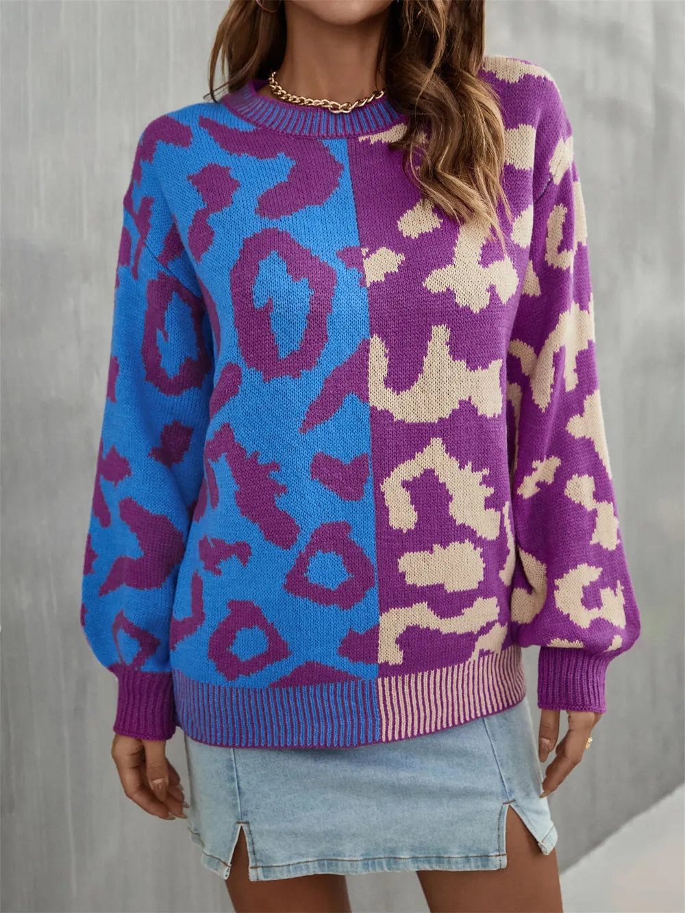 Round Neck Contrast Color Dropped Shoulder Sweater, image 5