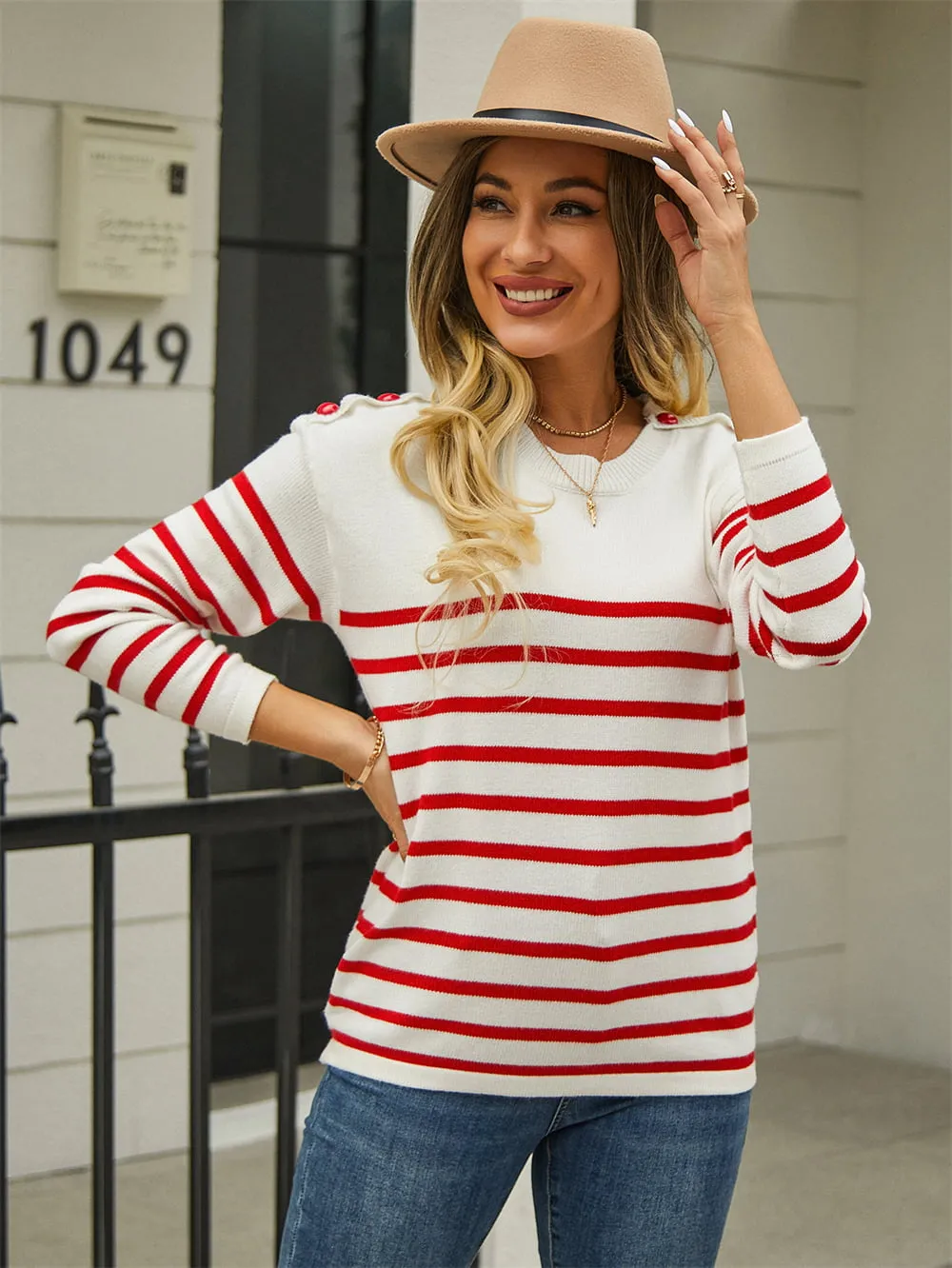 Round Neck Shoulder Button Striped Pullover Sweater, image 7