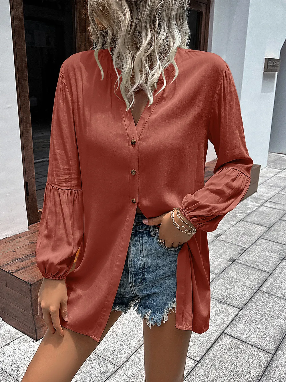 Notched Neck Balloon Sleeve Shirt, image 15