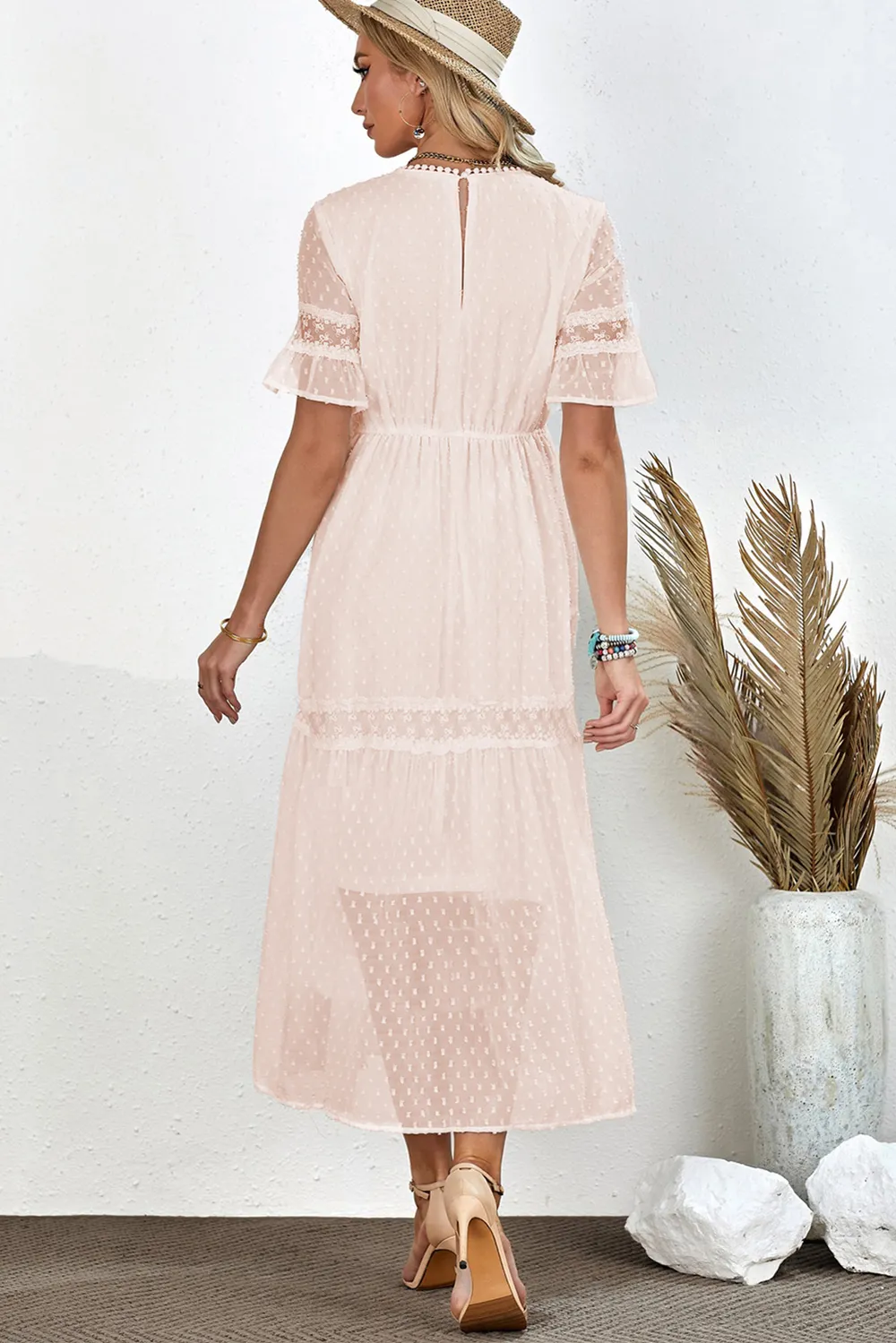 Swiss Dot V-Neck Short Sleeve Midi Dress, image 6
