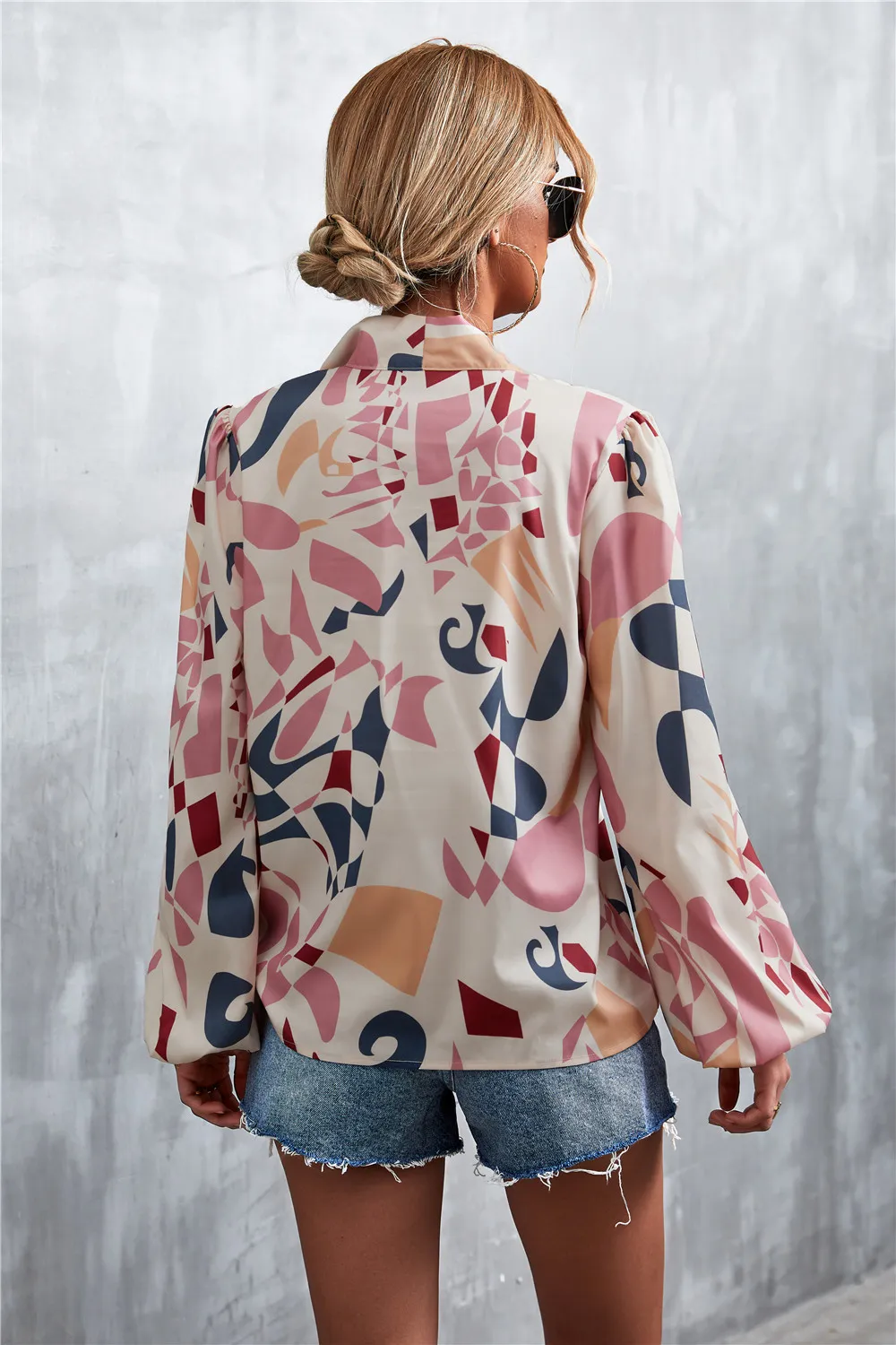 Printed Tie Neck Puff Sleeve Blouse, image 20