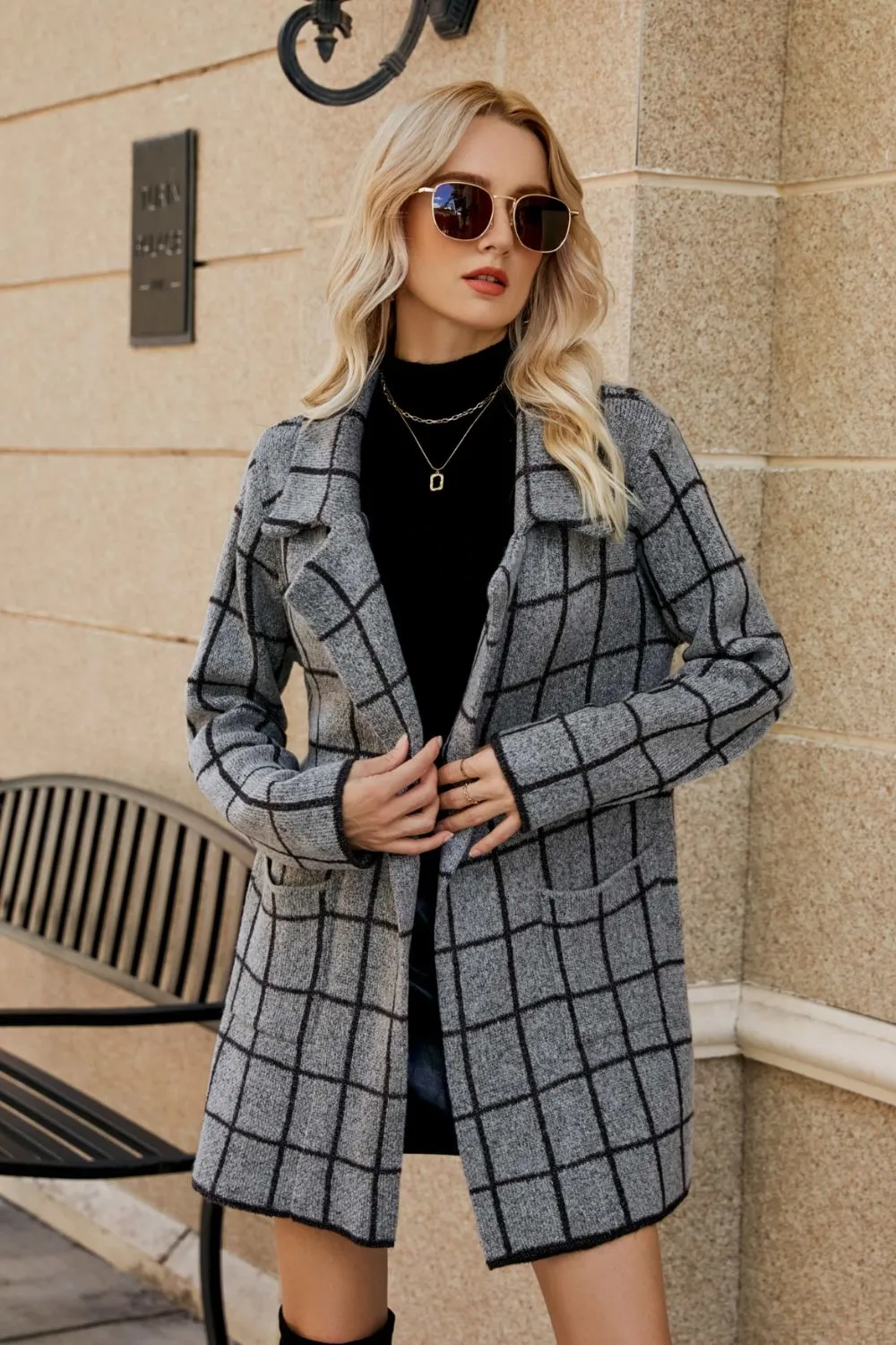Printed Open Front Lapel Collar Cardigan with Pockets, image 2
