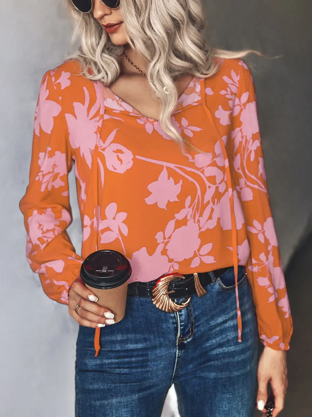 Printed Tie Neck Long Sleeve Blouse, image 12