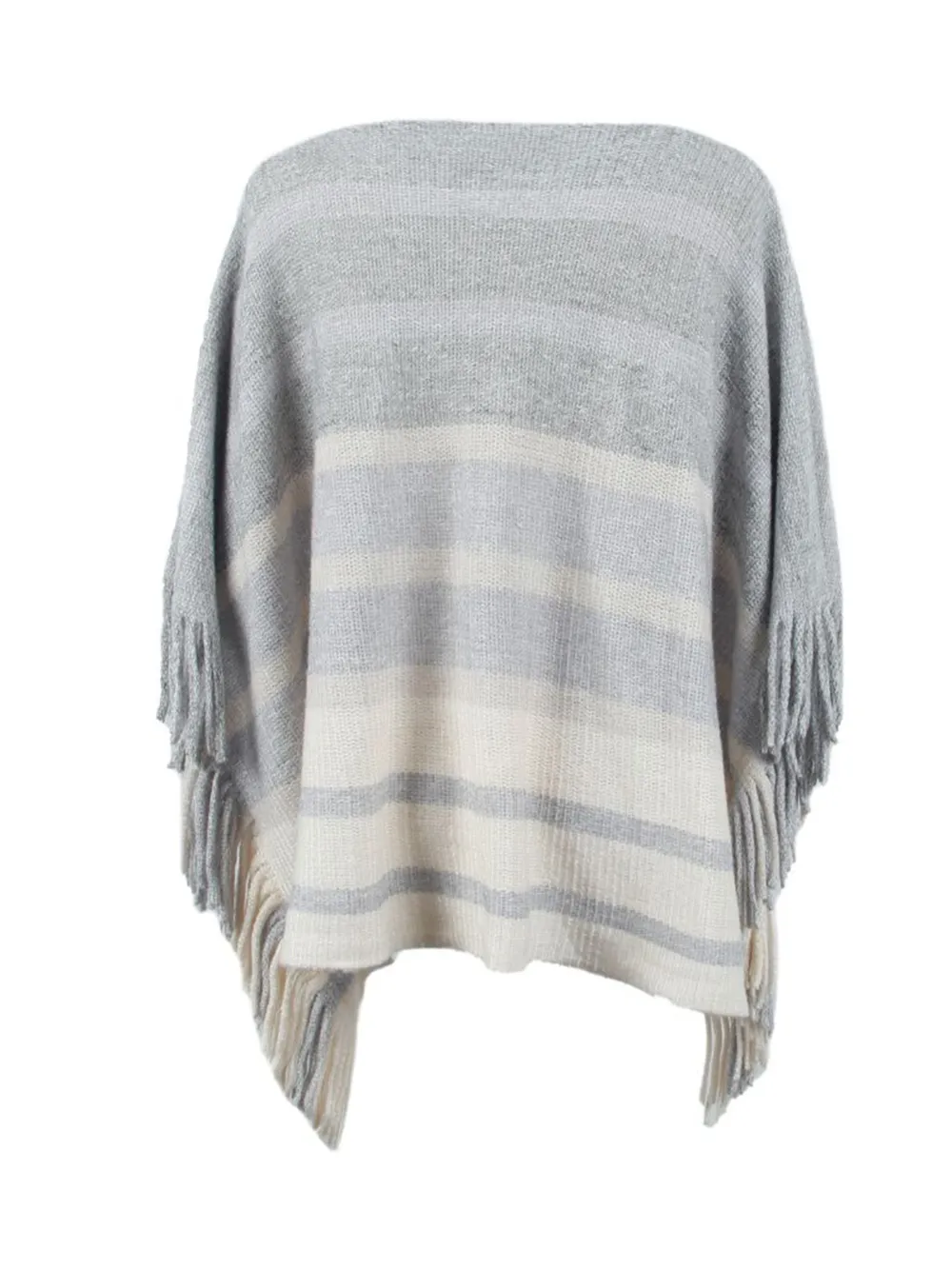 Striped Boat Neck Poncho with Fringes, image 14