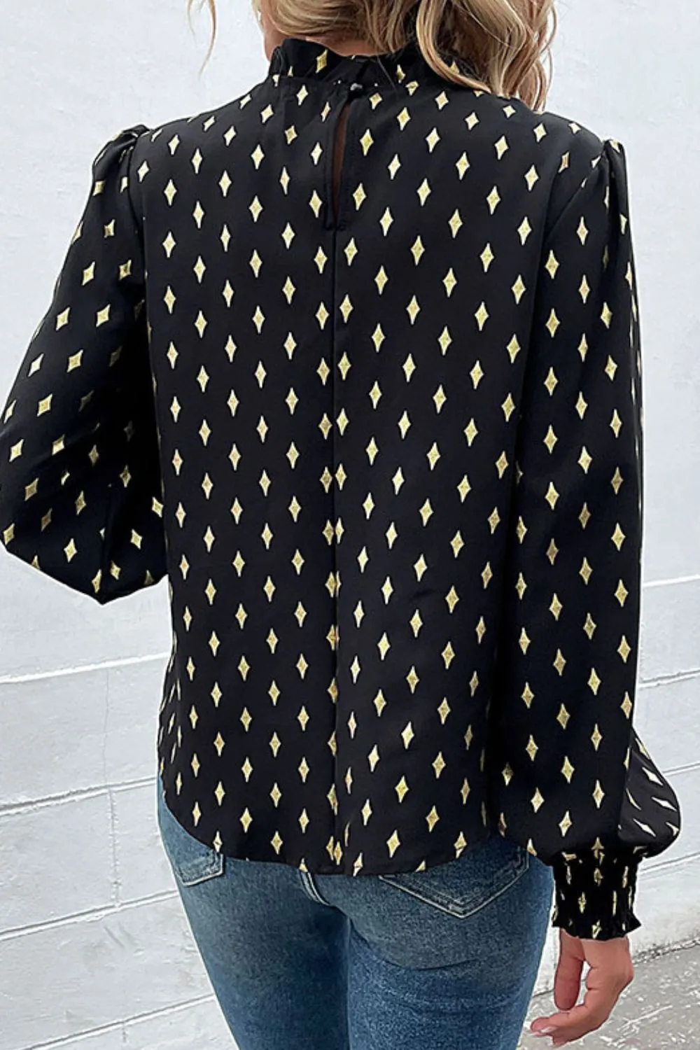Geometric Print Frill Neck Lantern Sleeve Blouse, image 2