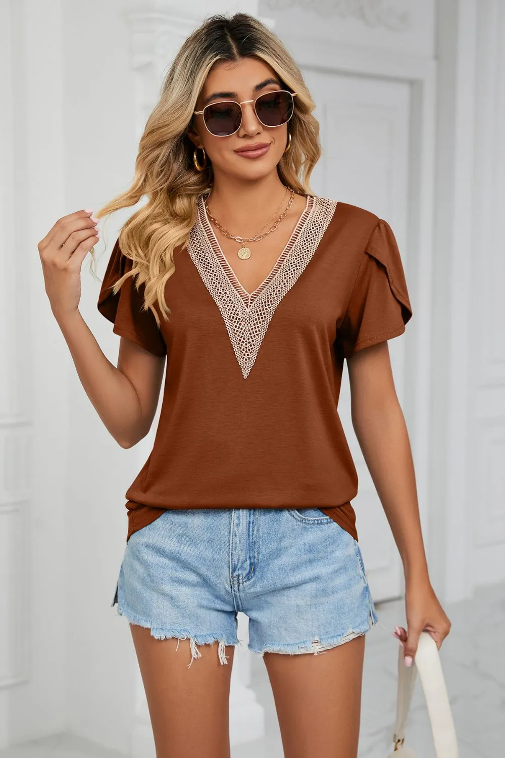 Contrast Trim Petal Sleeve V-Neck Top, image 12