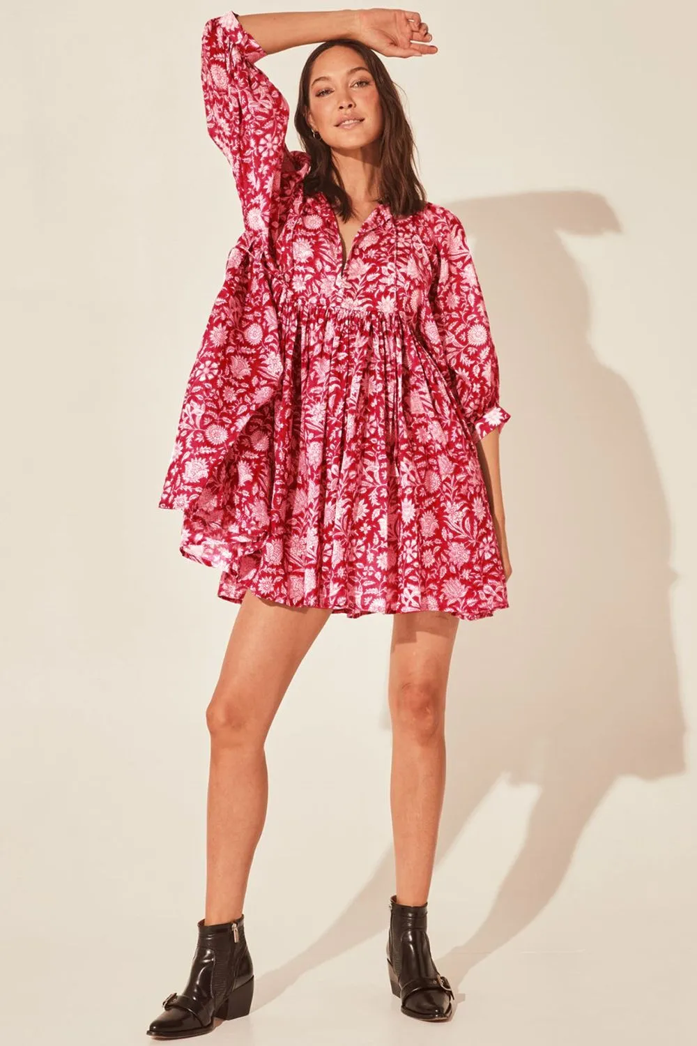 Floral Tie Neck Lantern Sleeve Dress, image 2