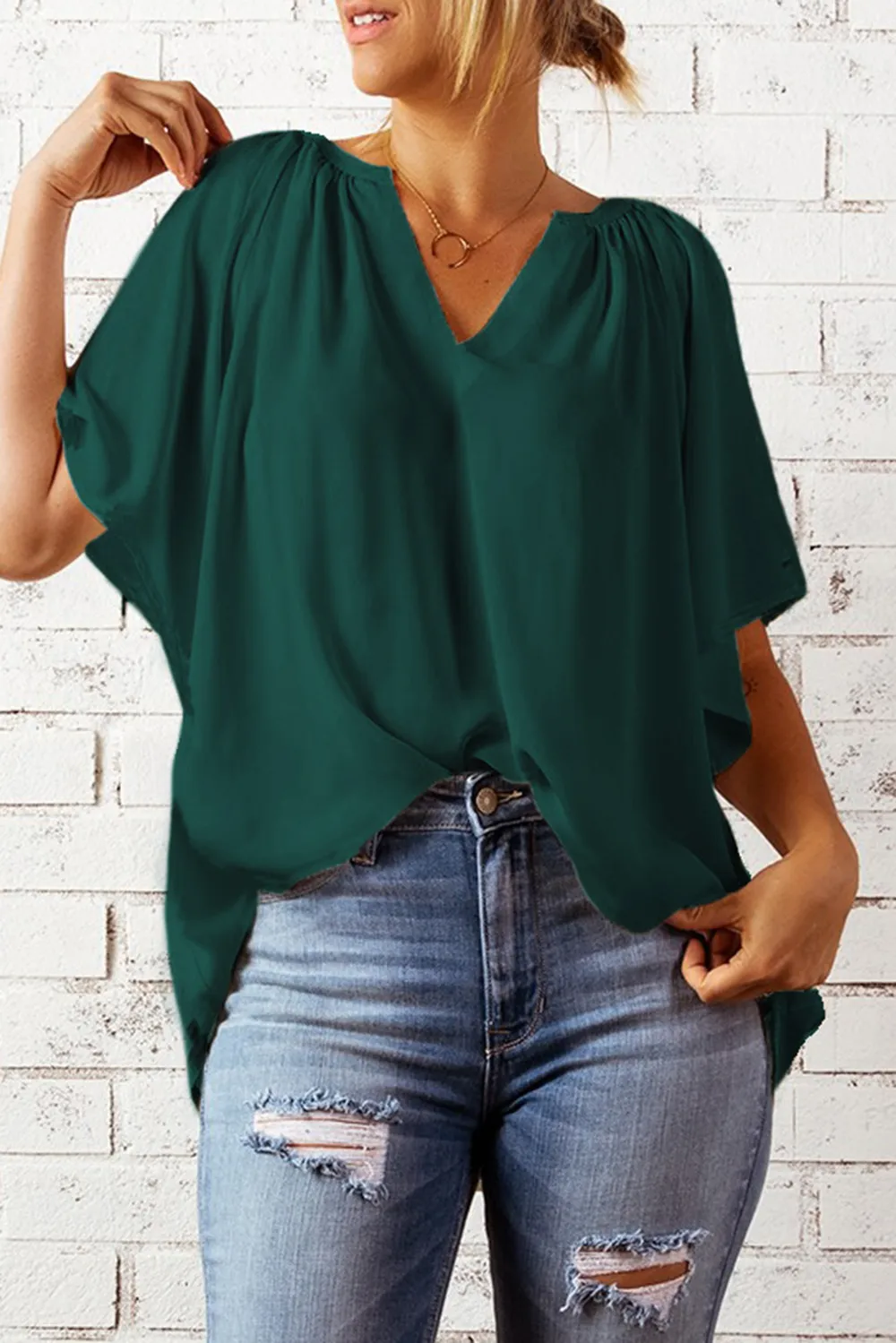 Gathered Detail Notched Neck Flutter Sleeve Top, image 30