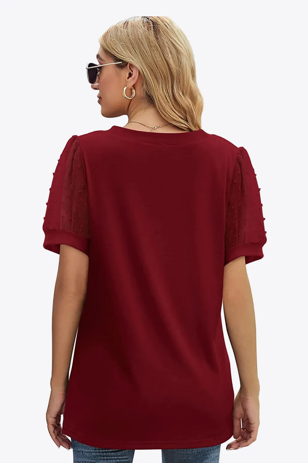 Swiss Dot Puff Sleeve V-Neck Tee, image 32