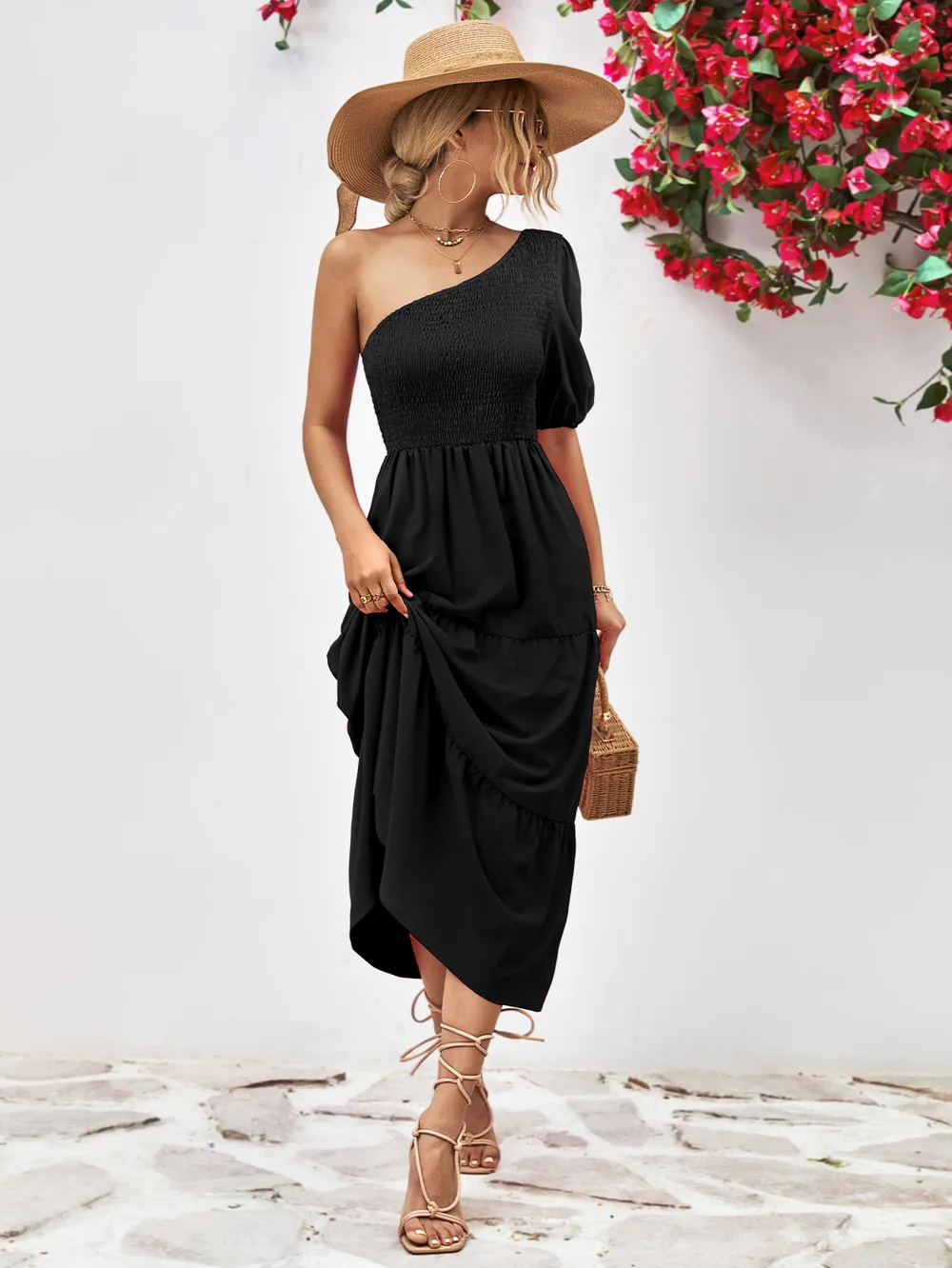Smocked One-Shoulder Midi Dress, image 18